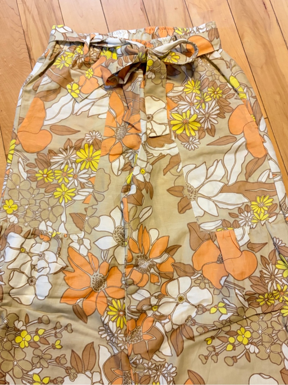 NWT Current Air Floral Tie-Waist linen Wide Leg Pants in Orange, Cream Tan small - Picture 5 of 11